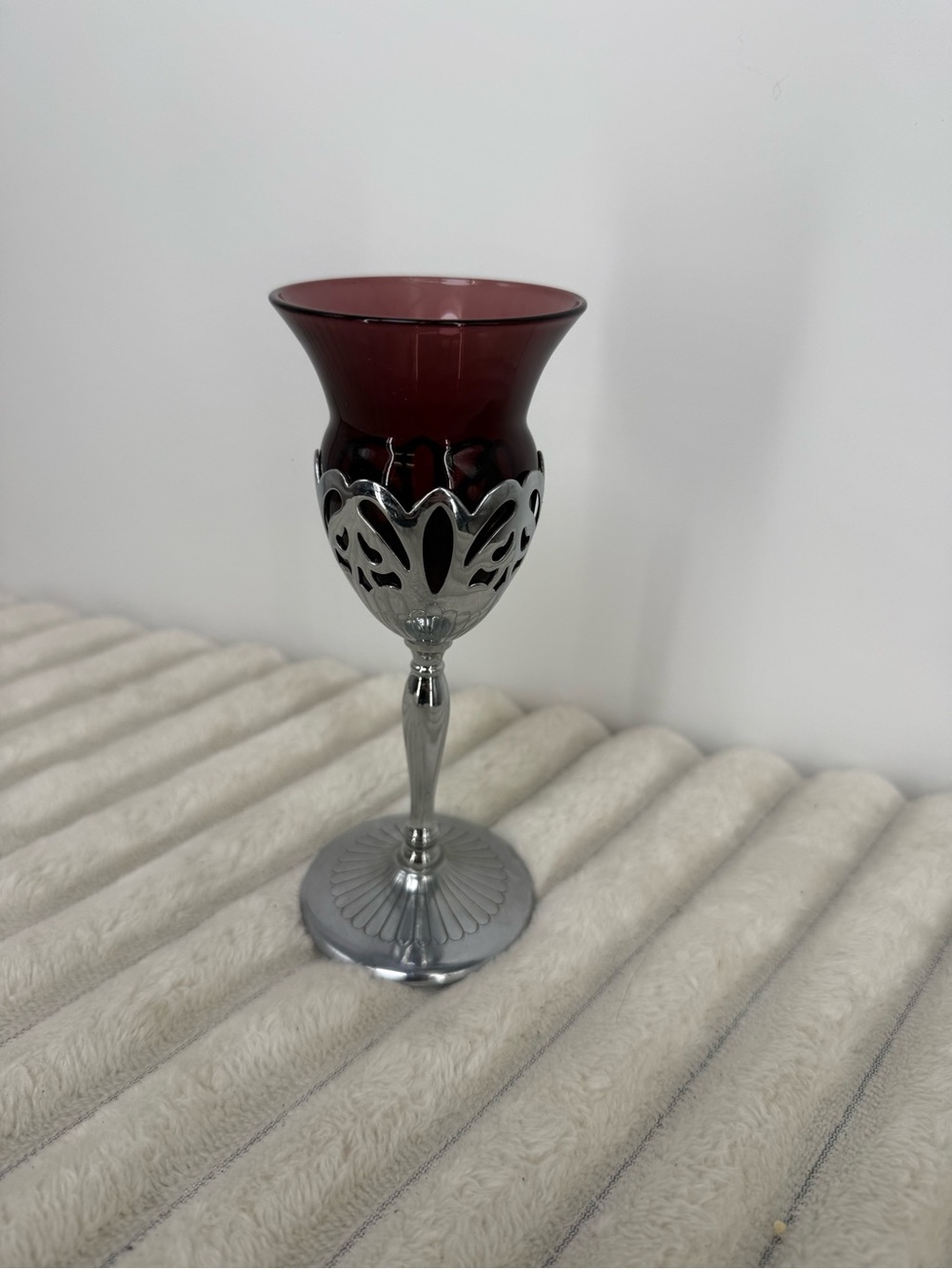 Vtg Farber Bros Amethyst Glass & Silver Accent 7” wine glass art deco